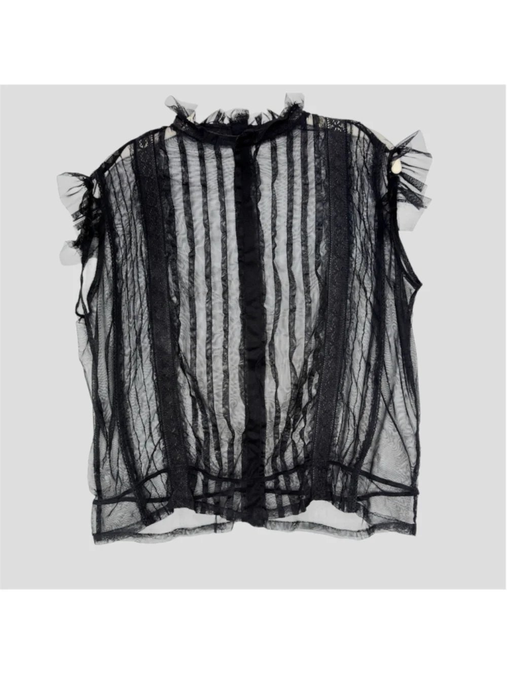 Vintage Black Mesh Pin-Tuck Lace Blouse M Back Ruffle Neck Whimsigoth Fairy Goth - Picture 4 of 16